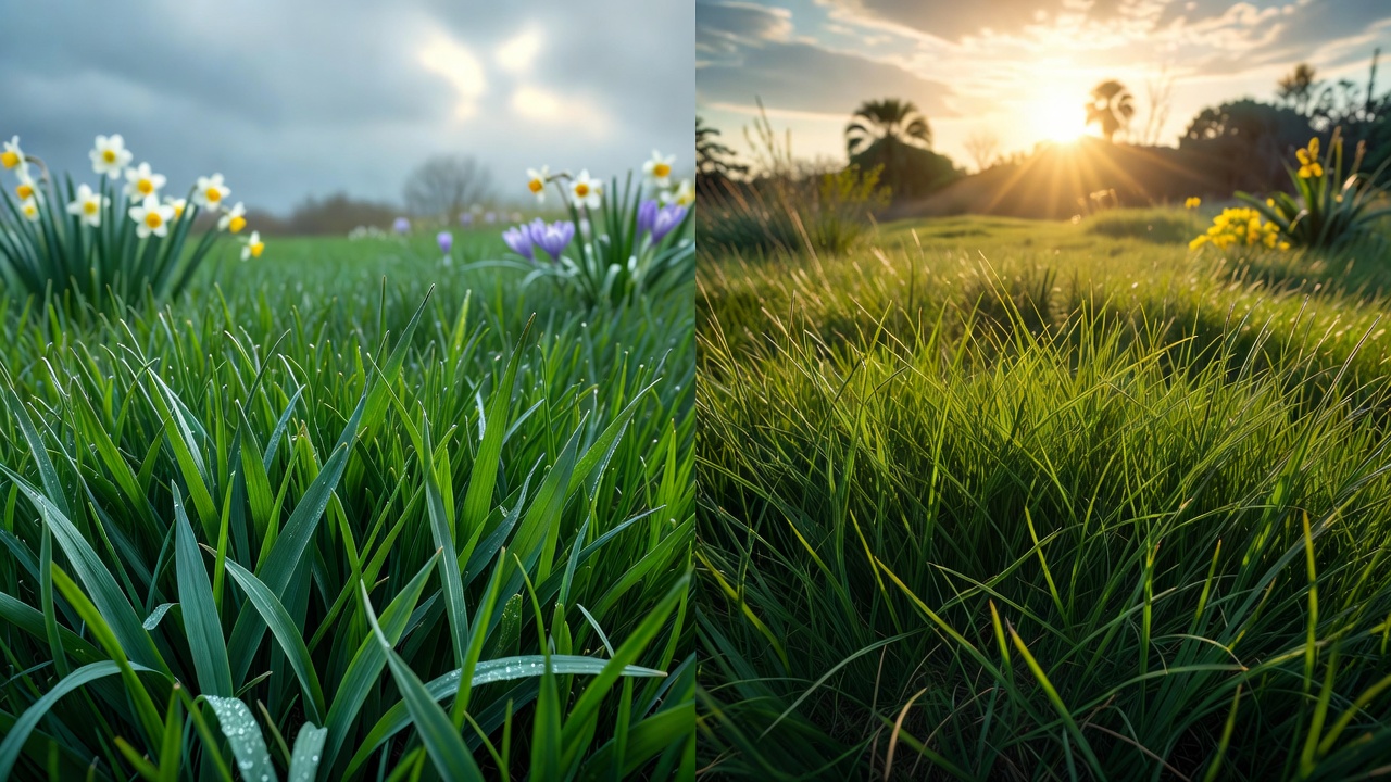 Visual comparison of cool-season and warm-season grass types showing blade structure and growth characteristics