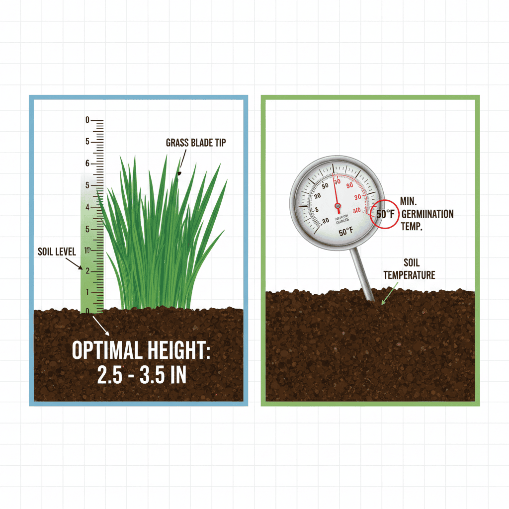 When Should You Start Mowing Your Lawn? A Regional Timing Guide Dual-panel measurement guide showing grass height range and soil temperature threshold for lawn mowing readiness