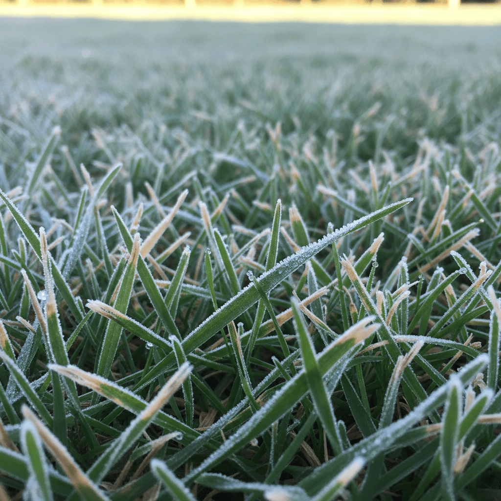 When Should You Stop Mowing Your Lawn Before Winter? (Timing & Final Cut Guide) Close-up of grass blades showing signs of slowed growth with a light frost.