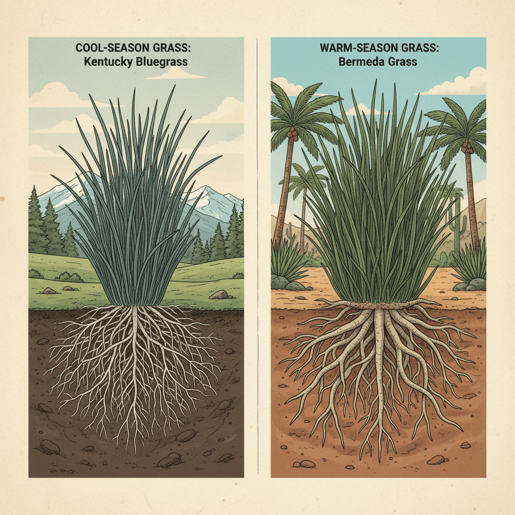 When Should You Stop Mowing Your Lawn? A Seasonal Guide by Climate Botanical comparison of cool-season grass with fine narrow blades versus warm-season grass with wide coarse blades and root systems