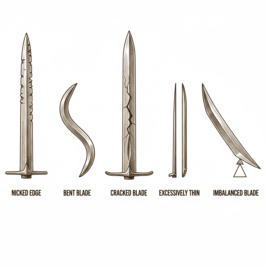 Visual guide showing five types of lawn mower blade damage: nicks, bends, cracks, excessive thinning, and imbalance