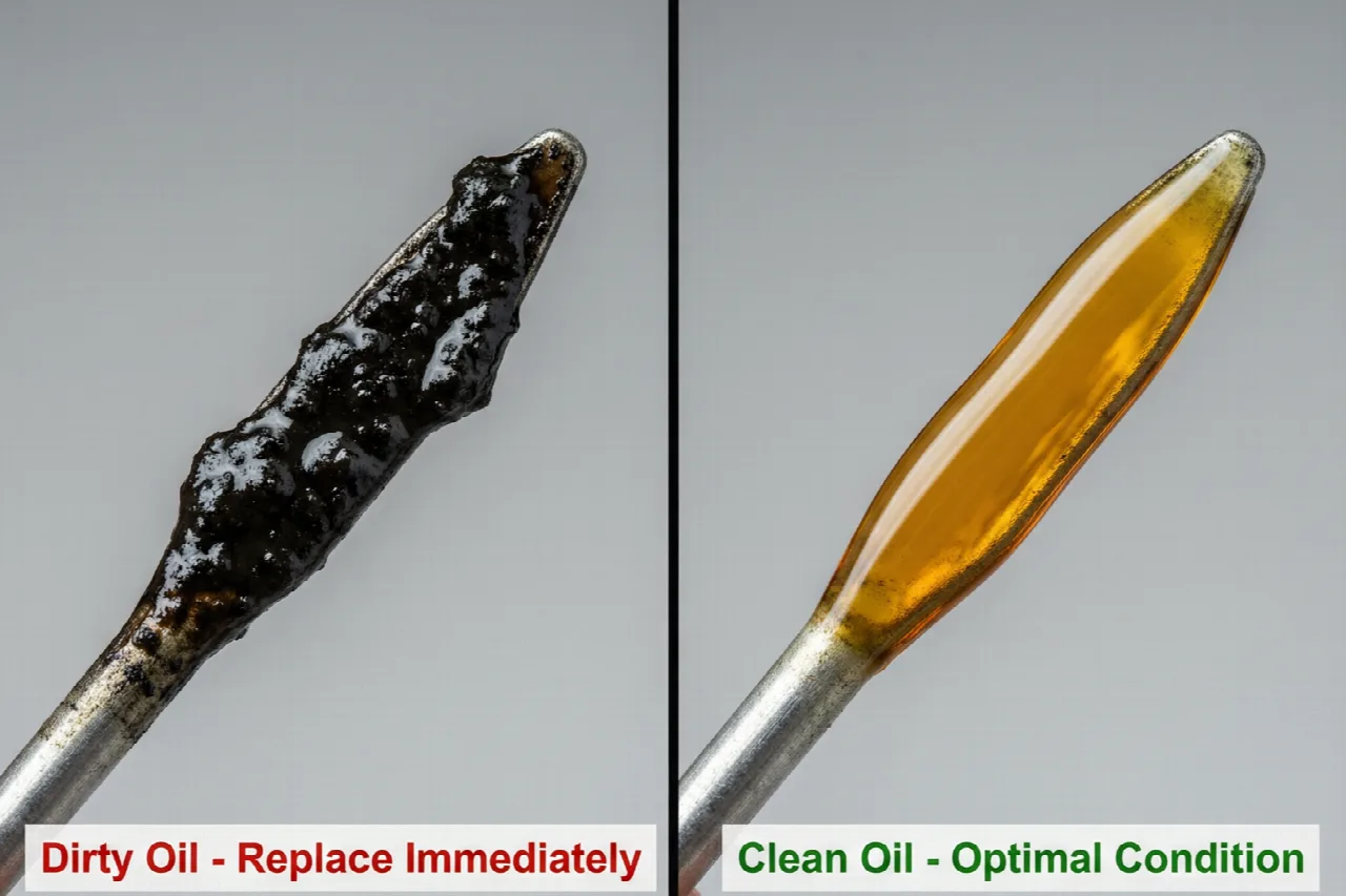 When Should You Change the Oil in a Lawn Mower? Visual comparison of dirty dark oil and fresh amber oil on dipsticks