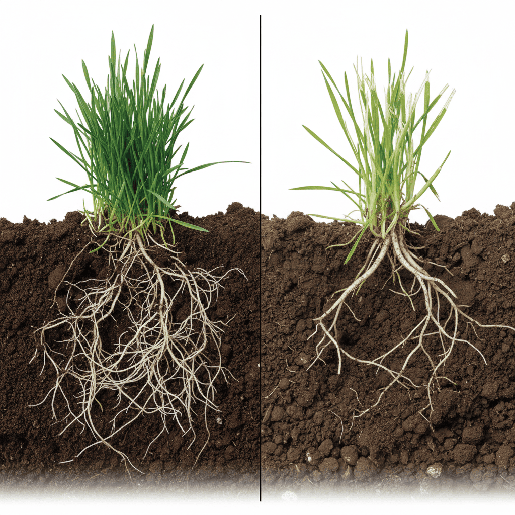 When Should You Mow Your Lawn After Overseeding? (Timing & Guidelines) Side-by-side comparison of a healthy overseeded grass seedling with deep roots versus a damaged seedling with shallow roots