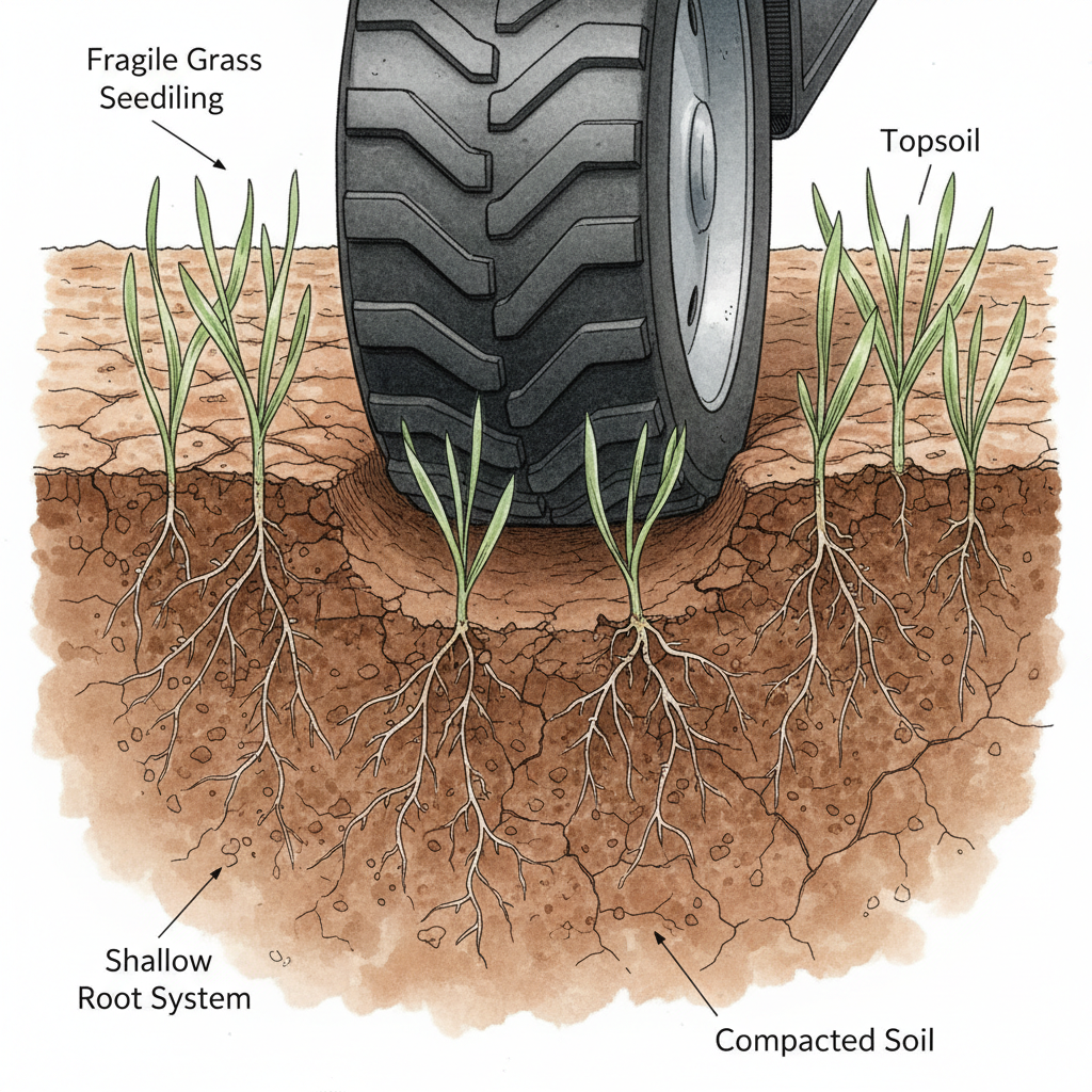 Soil cross-section showing vulnerable new seedlings and mower wheel compaction damage