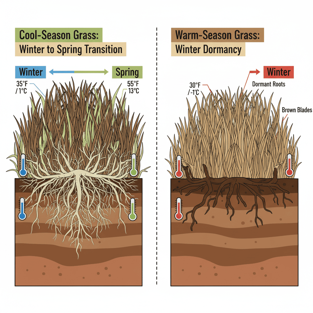 Comparison of cool-season and warm-season grass dormancy cycles