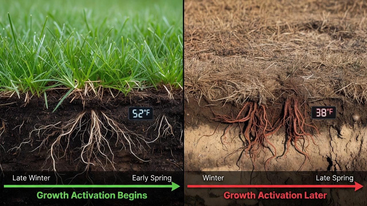Cool-season vs warm-season grass growth patterns in spring cross-section view