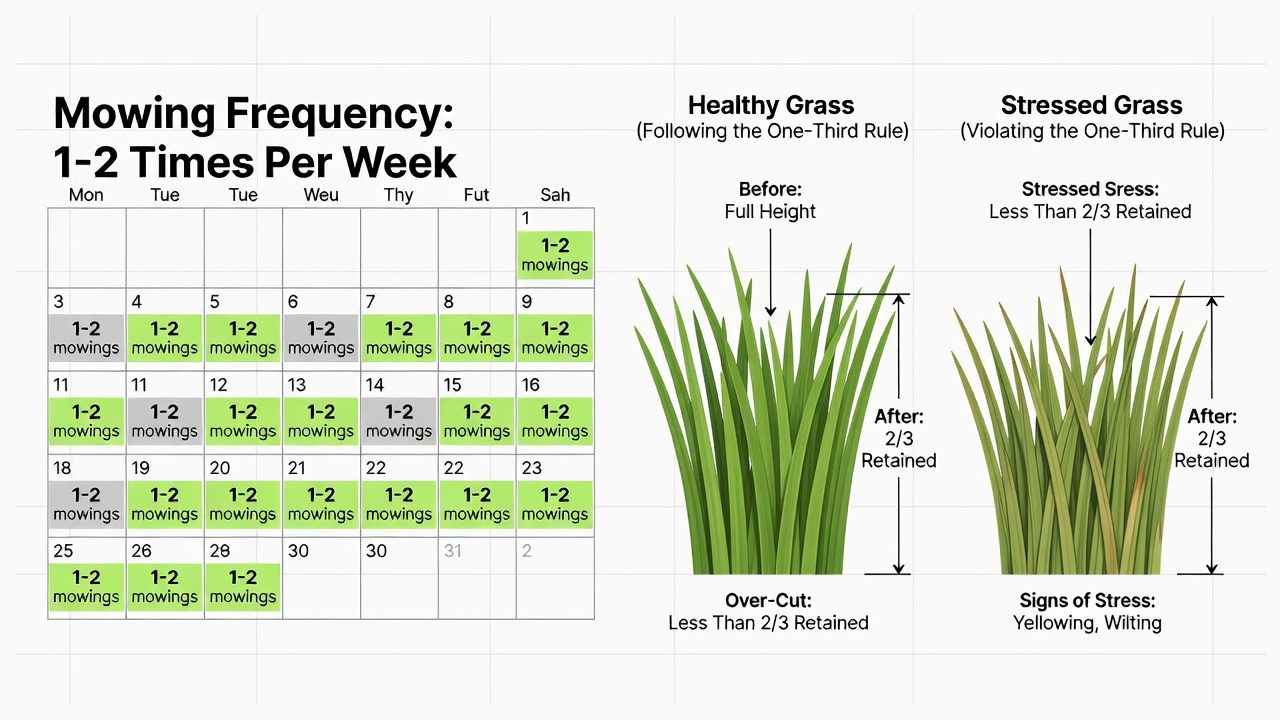 Visual guide showing weekly mowing frequency and the one-third rule for grass blade height