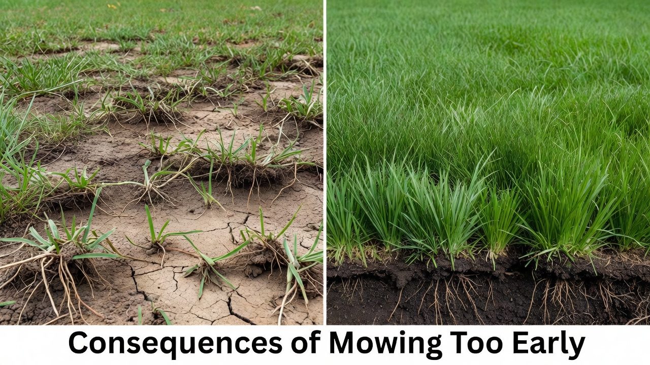 Why Timing Matters for New Lawn Mowing Comparison of grass damage from early mowing versus healthy grass with established roots