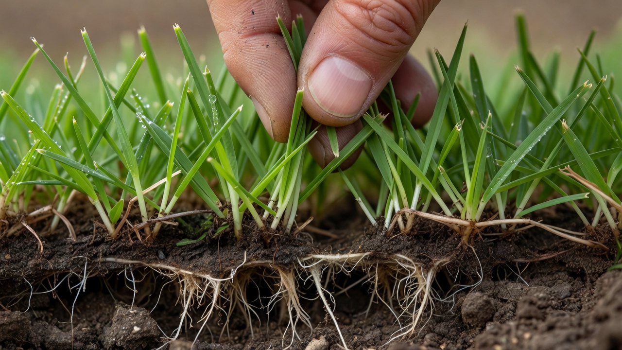When to Mow a Newly Seeded Lawn: Timing, Signs, and Safe First-Mow Technique Hand performing pull-test on young grass tuft to check root strength before mowing