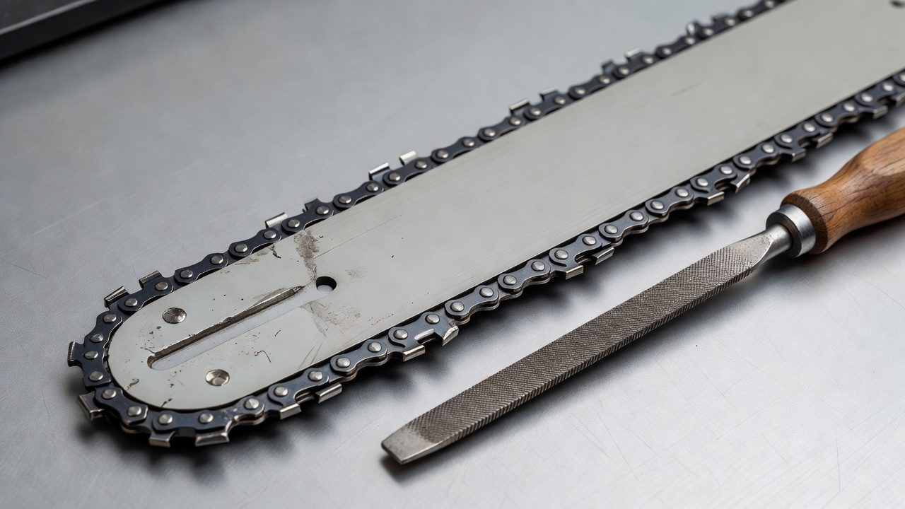 Close view of a worn chainsaw bar groove with a file on the bench beside it.