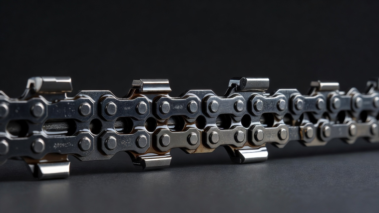 Macro view of chainsaw drive links seated inside a guide bar groove showing the chain-to-bar interface