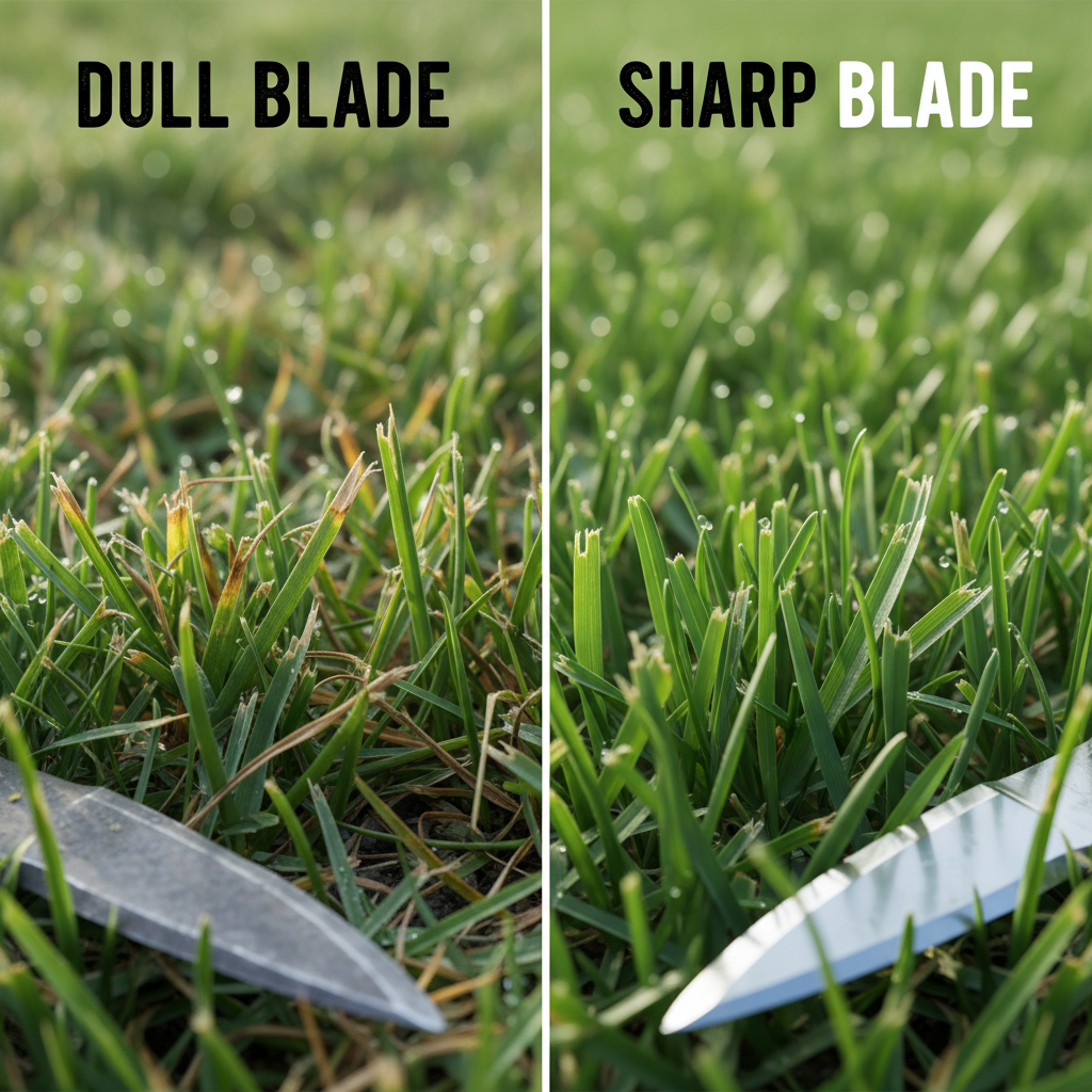 When Should You Replace Lawn Mower Blades? (Signs, Schedule & Guide) Side-by-side comparison of ragged torn grass from dull blades versus clean-cut grass from sharp blades