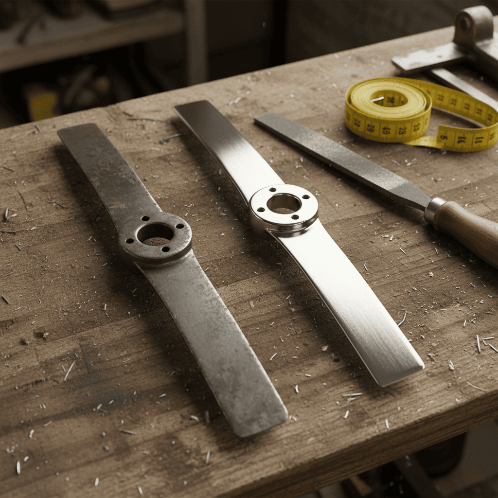 Old worn mower blade beside a new replacement blade on a workshop bench