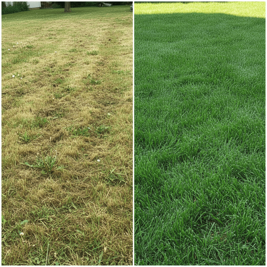 When Should You Start Mowing Your Lawn in Spring? (Timing Guide) Comparison of damaged lawn from early mowing versus healthy lawn from proper timing
