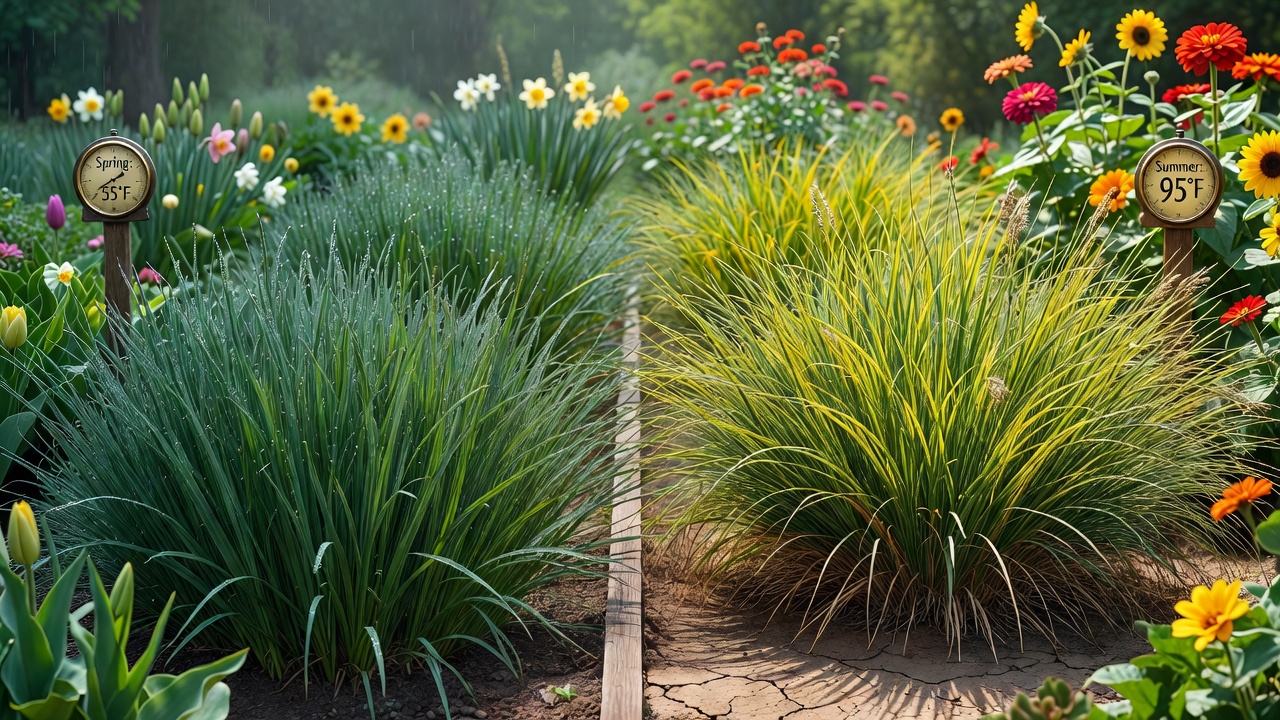 Comparison of cool-season grass thriving in spring versus warm-season grass thriving in summer heat