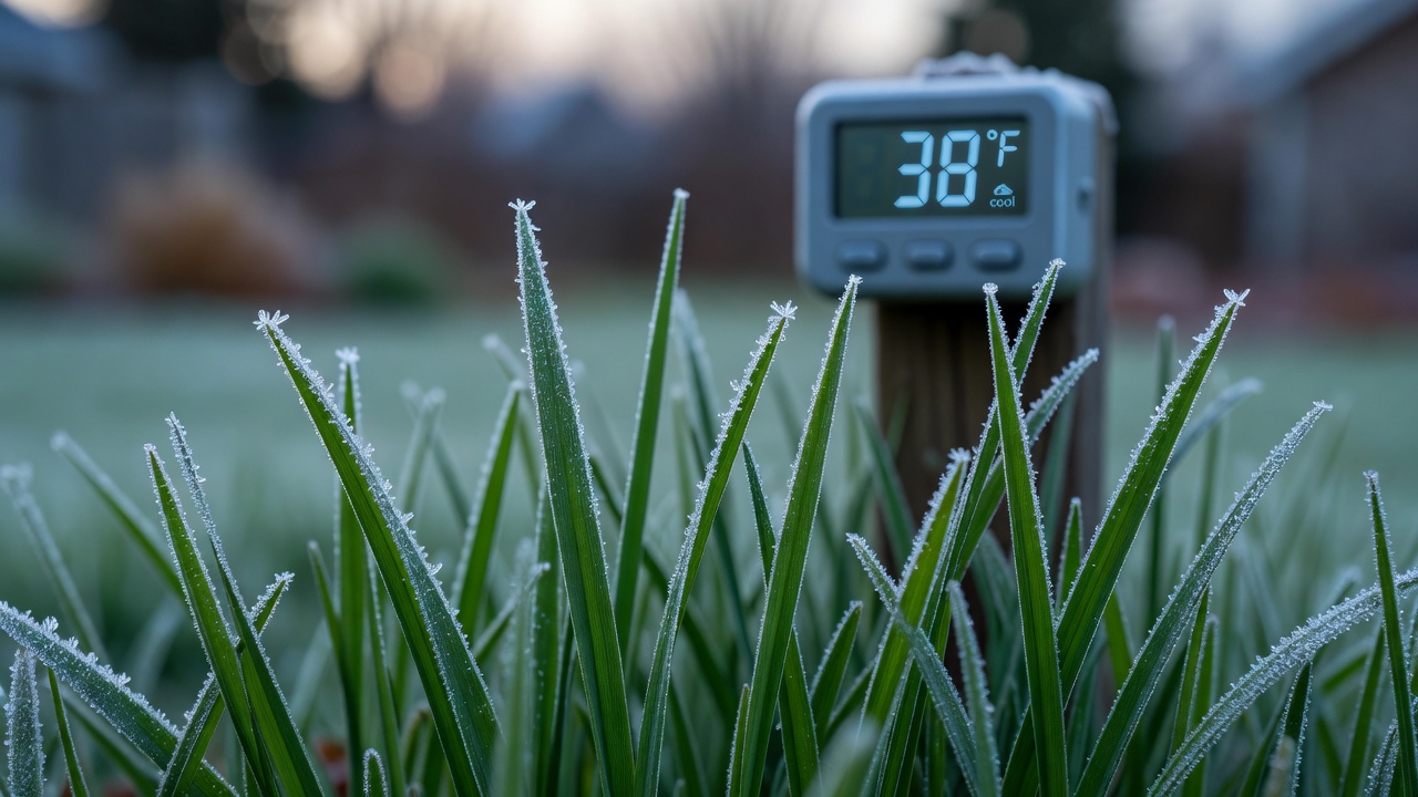 Close-up of grass blades with a light frost, illustrating the transition into winter dormancy.