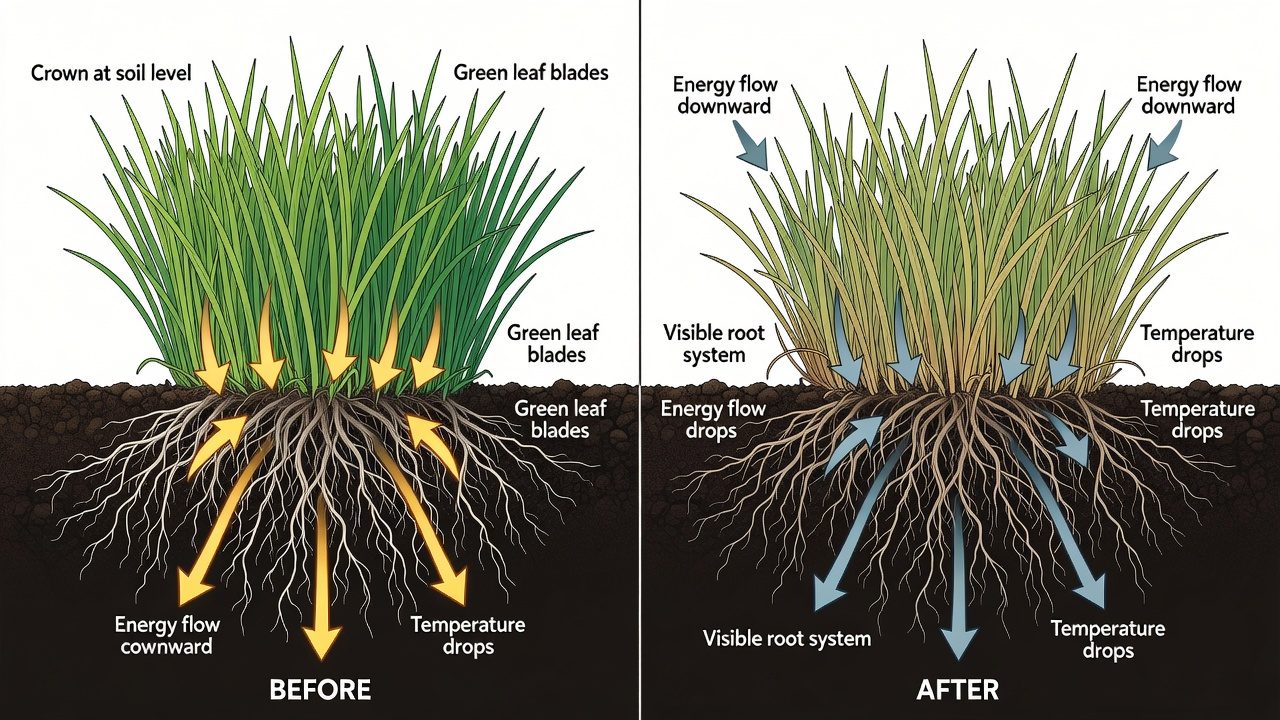 Grass plant cross-section showing crown, roots, and dormancy transition