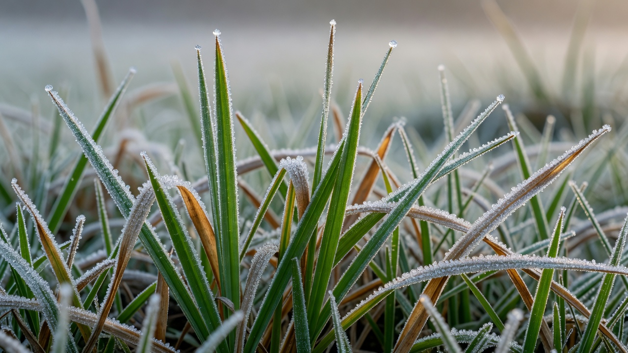 Close-up of frost-covered cool-season grass blades showing early fall dormancy