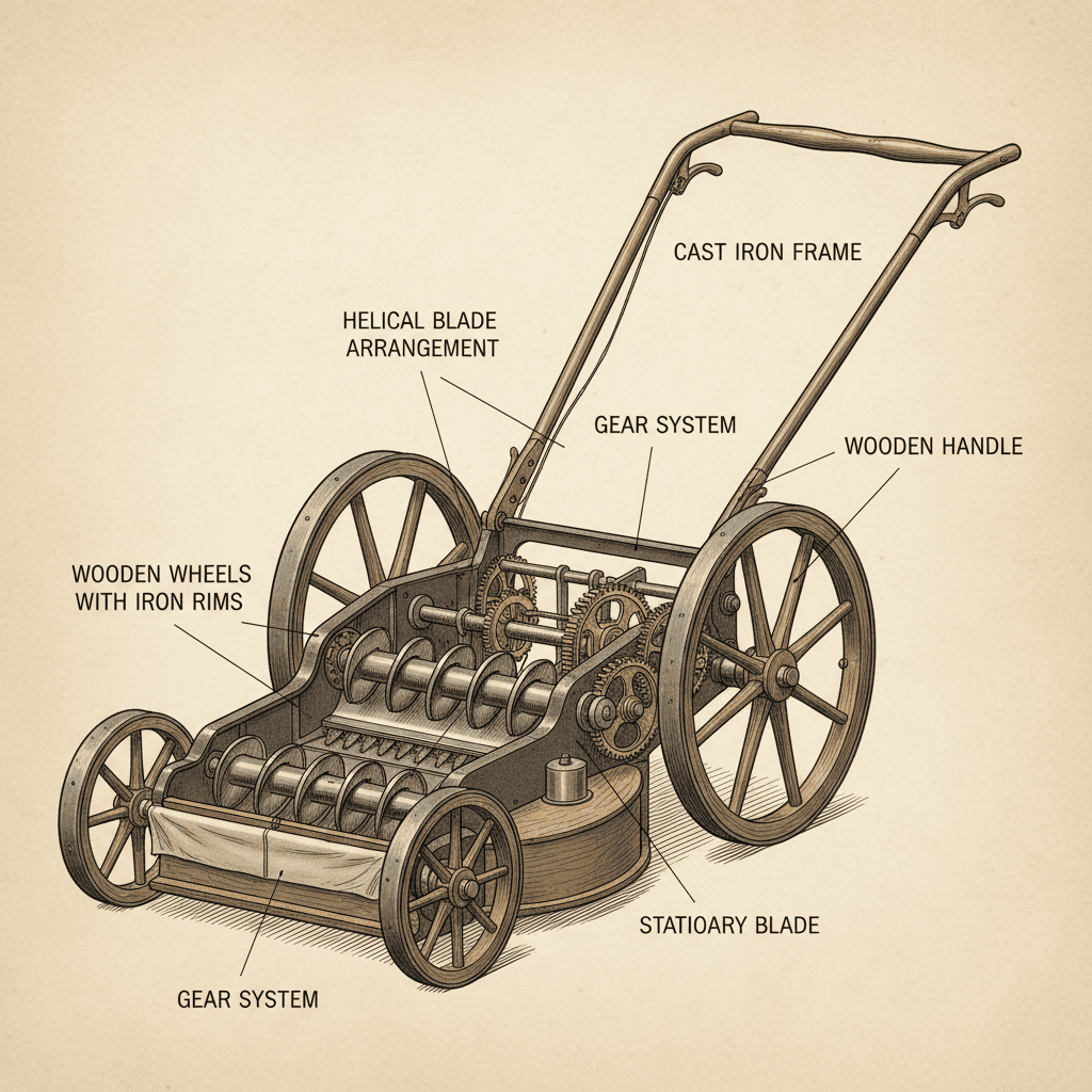 Technical cross-section diagram of Budding's 1830 cylinder mower mechanism