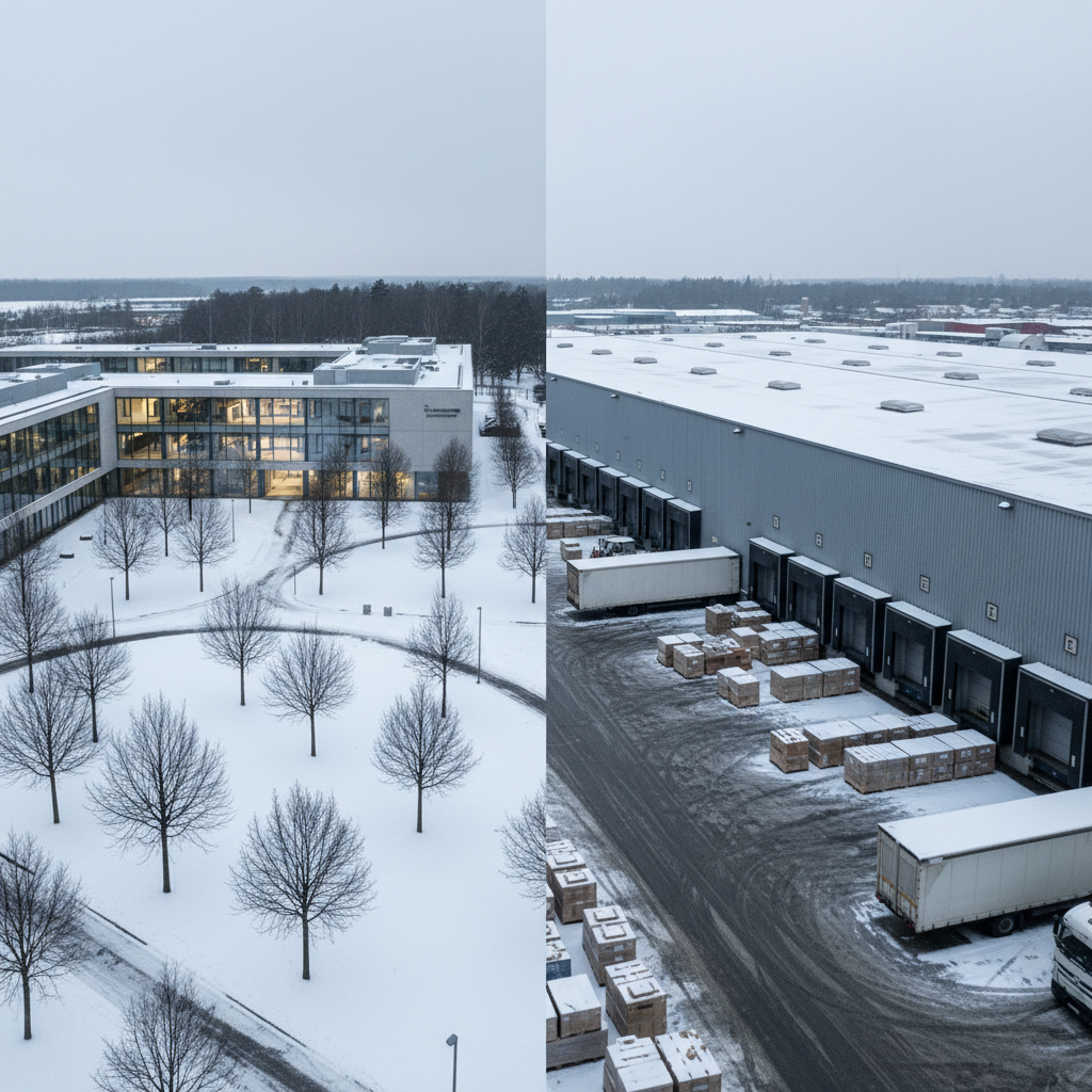 Where Are Toro Snow Blowers Made? Winter office campus beside a warehouse dock stacked with unbranded equipment crates.