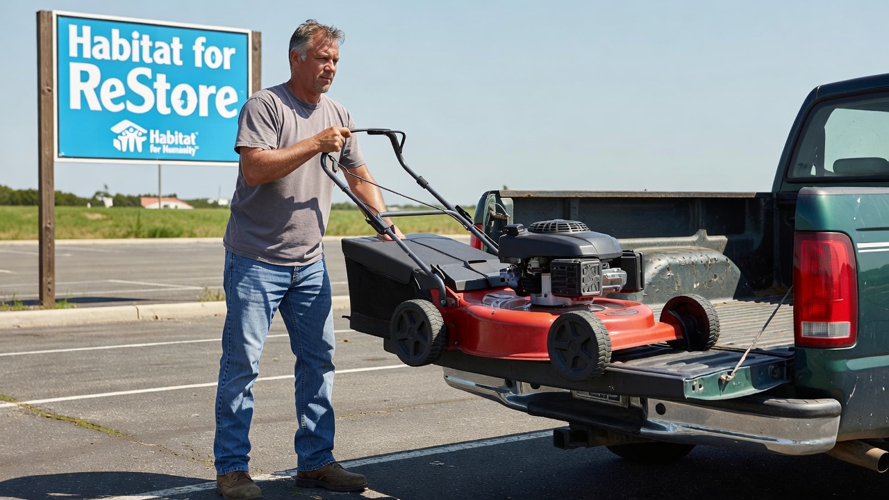 A person loading a lawn mower into a truck at a donation center