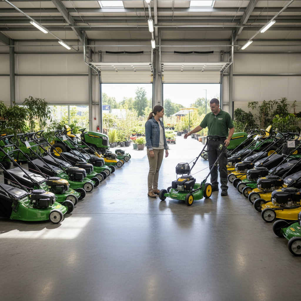 A customer and staff member looking at lawn mowers in a garden-center bay.