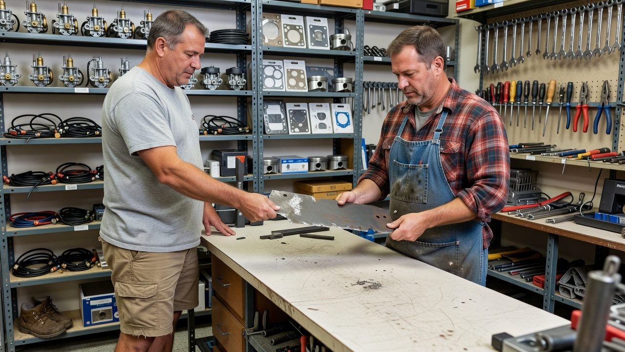 Customer handing a lawn mower blade to a hardware store employee at the service counter.