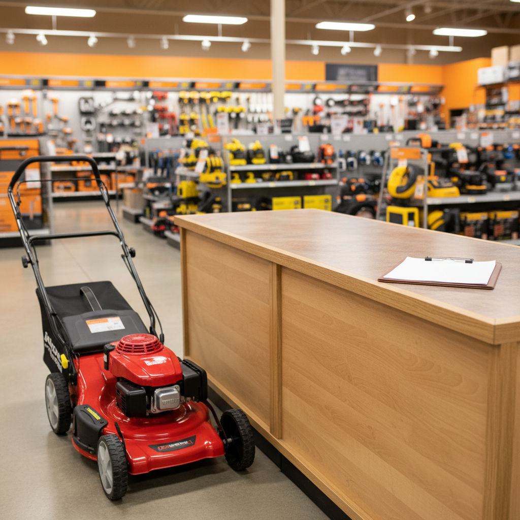 Direct Answer: Where to Rent a Lawn Mower for a Day Rental counter with a walk-behind lawn mower ready for pickup