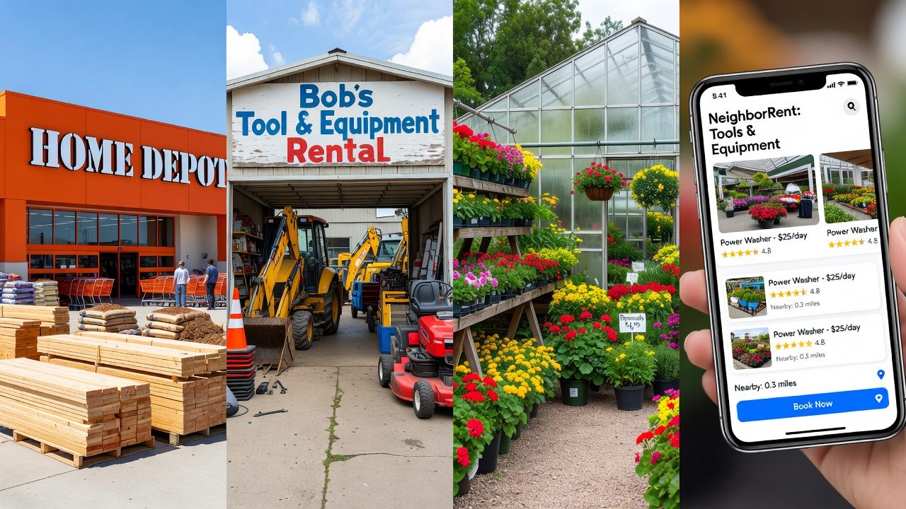 Types of Lawn Mower Rental Sources Four lawn mower rental sources: big-box store, equipment shop, garden center, and app