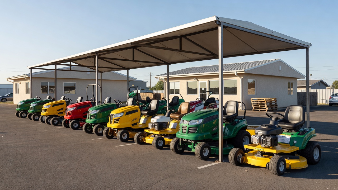 Several riding lawn mowers lined up under a canopy at an equipment rental lot.