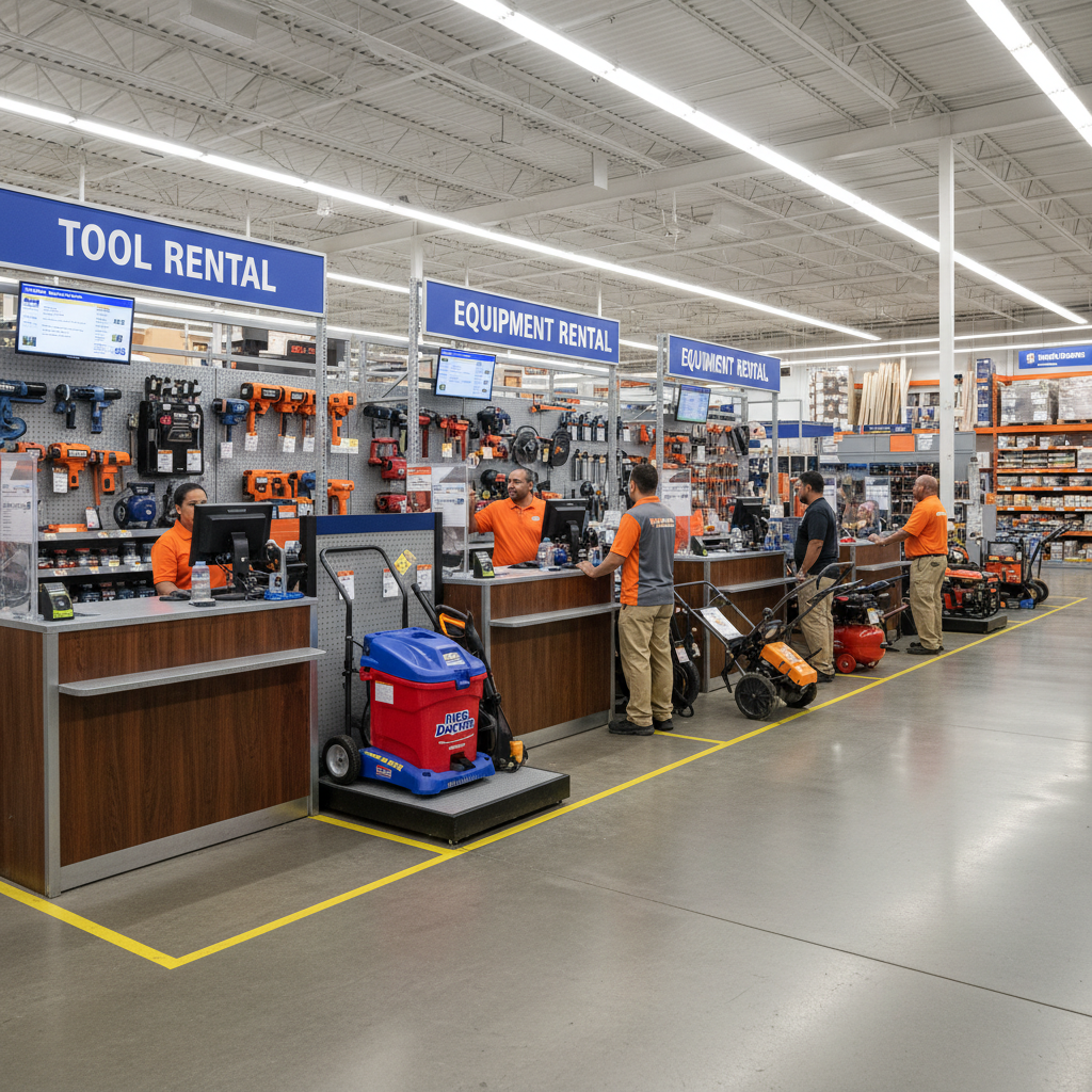 The rental department of a home improvement store with equipment on display.