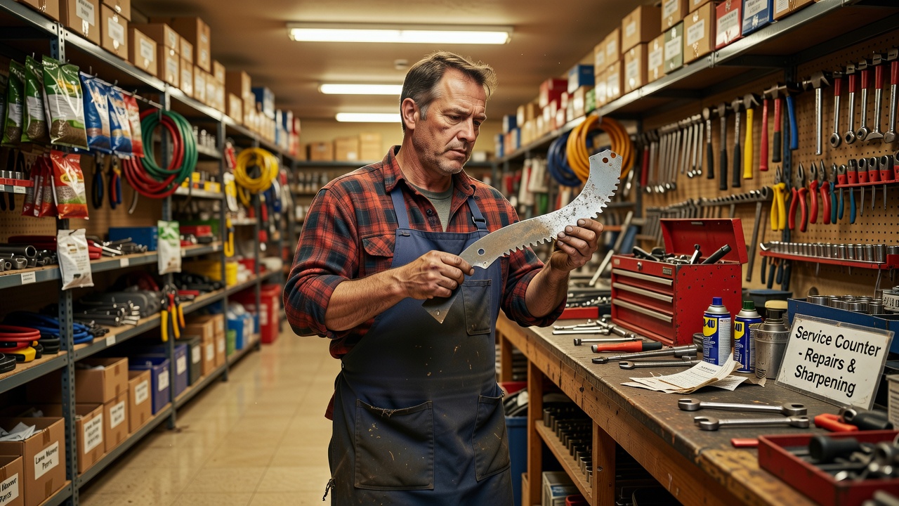 Hardware store technician holding a lawn mower blade at a service counter