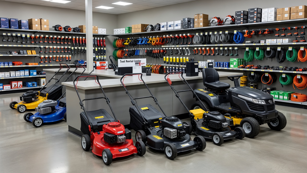 A tool rental counter in a store displaying push and riding lawn mowers.