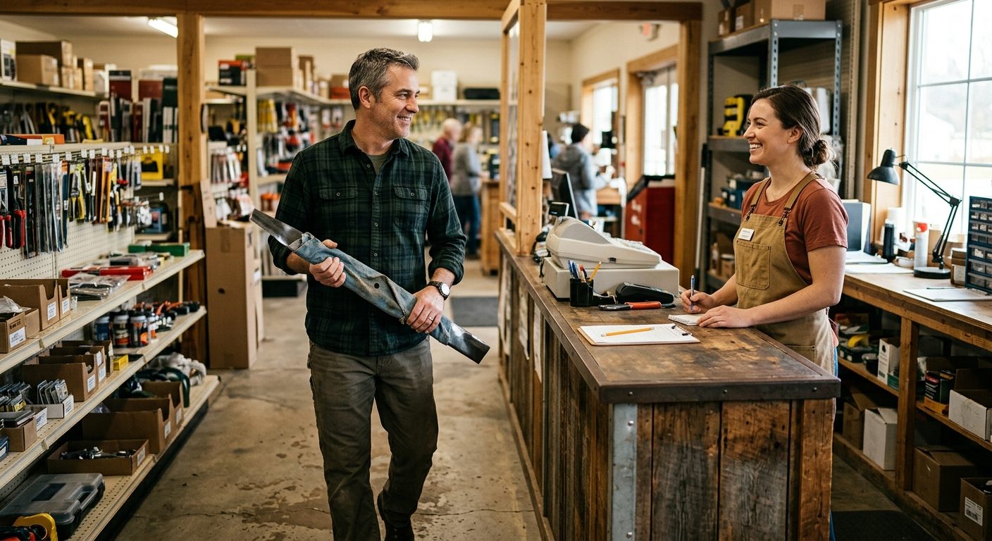 Where Can I Get My Lawn Mower Blades Sharpened? (Local Service Guide) Customer bringing a lawn mower blade to a hardware store service counter