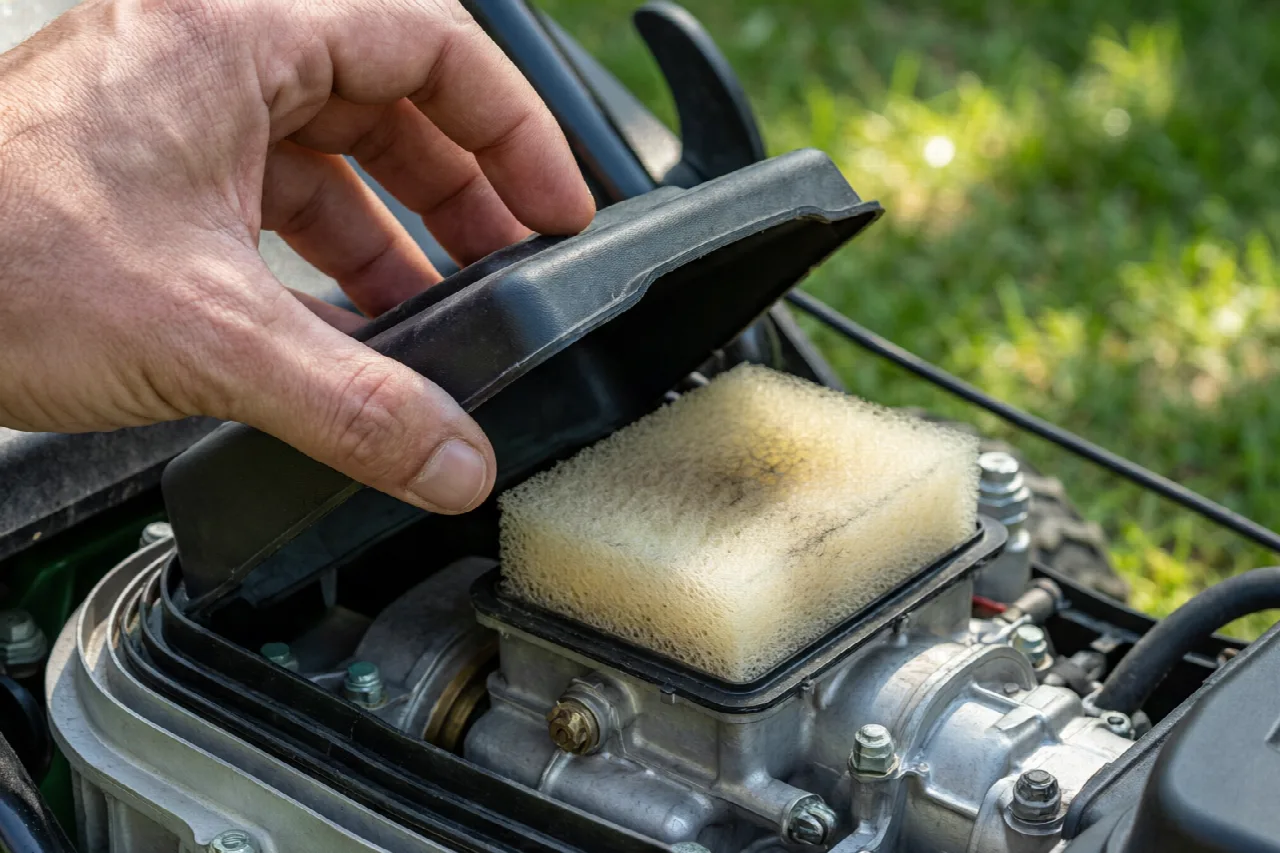 Hand removing the air filter cover from a lawn mower engine to reveal the air intake