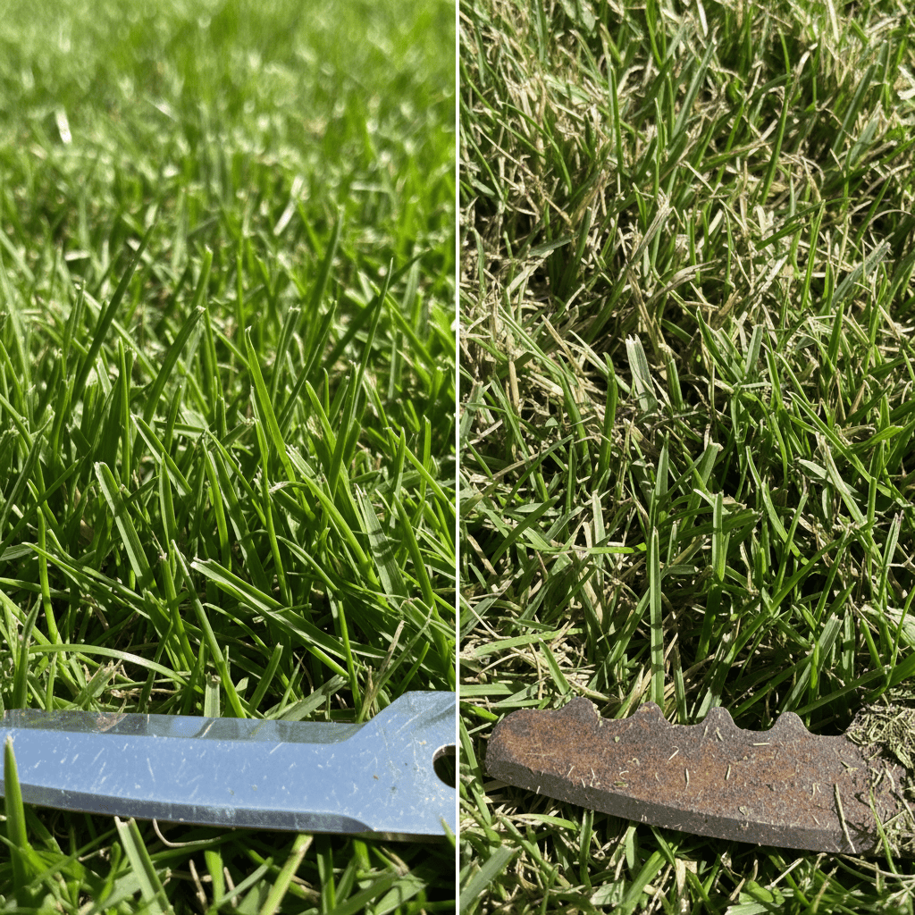 Comparison of healthy grass cut by sharp blade versus torn grass cut by dull blade