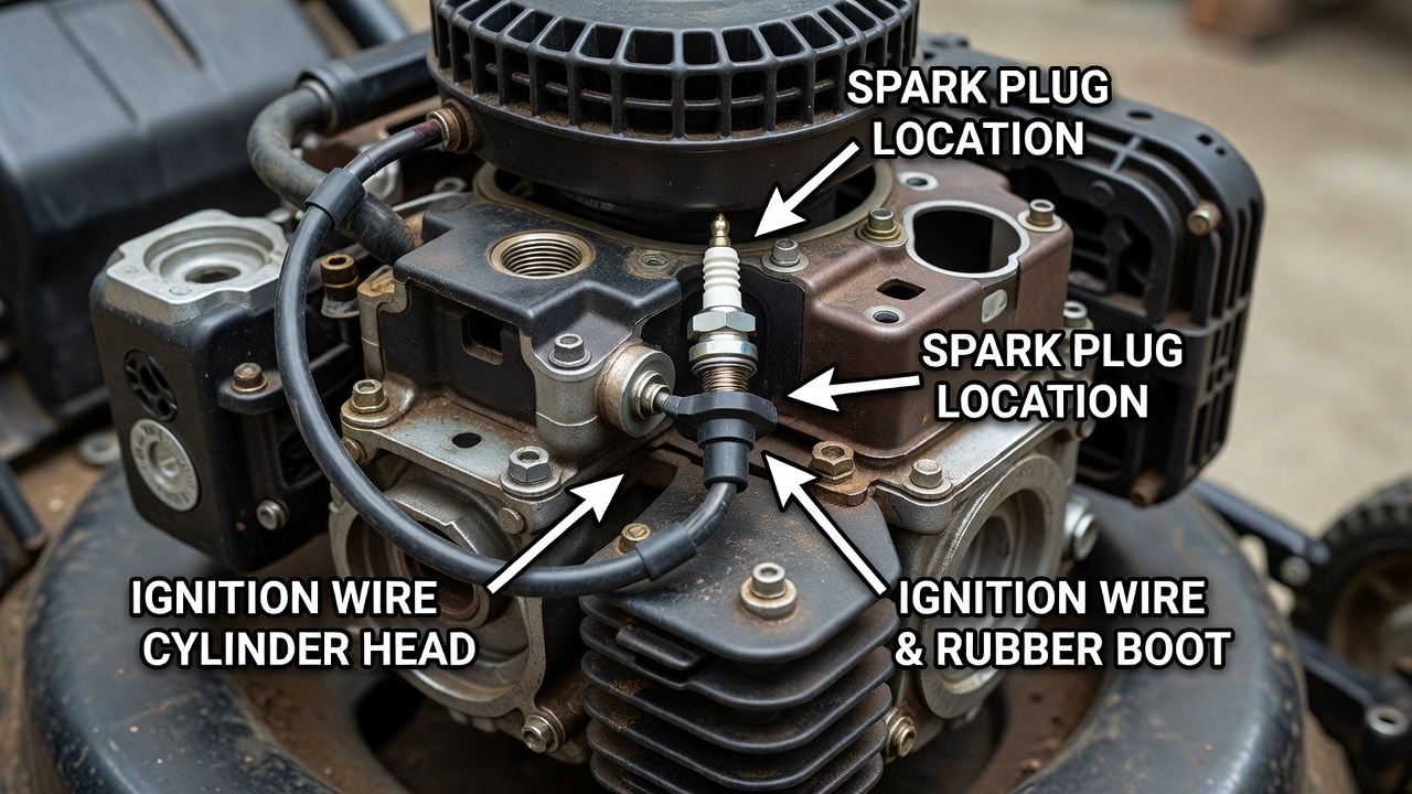 Direct Answer: The Spark Plug’s Typical Location Photograph highlighting the typical location of a spark plug on a lawn mower engine's cylinder head, with the ignition wire and rubber boot visible.
