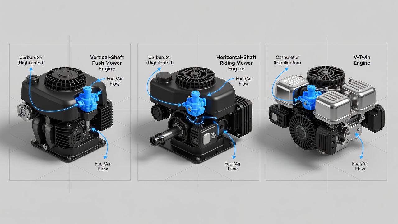 Three different lawn mower engine types displaying carburetor location variations