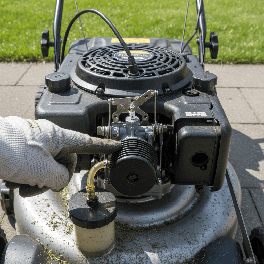 A person pointing to the carburetor on the side of a push lawn mower's engine, located behind the air filter housing.