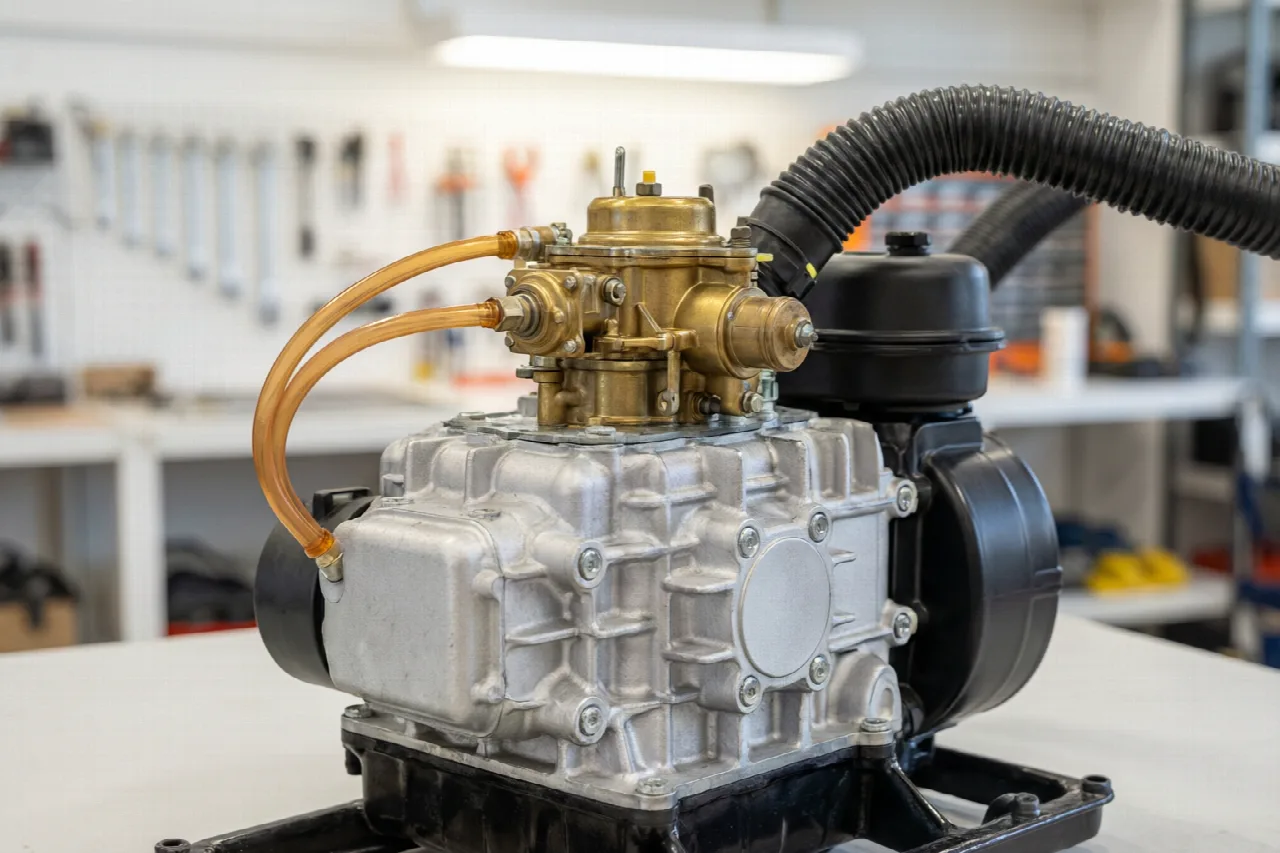 Where is the carburetor on a riding lawn mower? Carburetor mounted on the engine block of a riding lawn mower