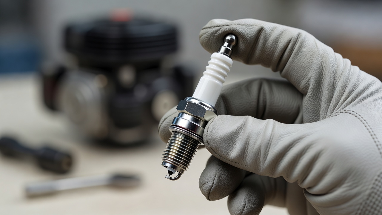 Close-up of a new lawn mower spark plug held in a gloved hand.