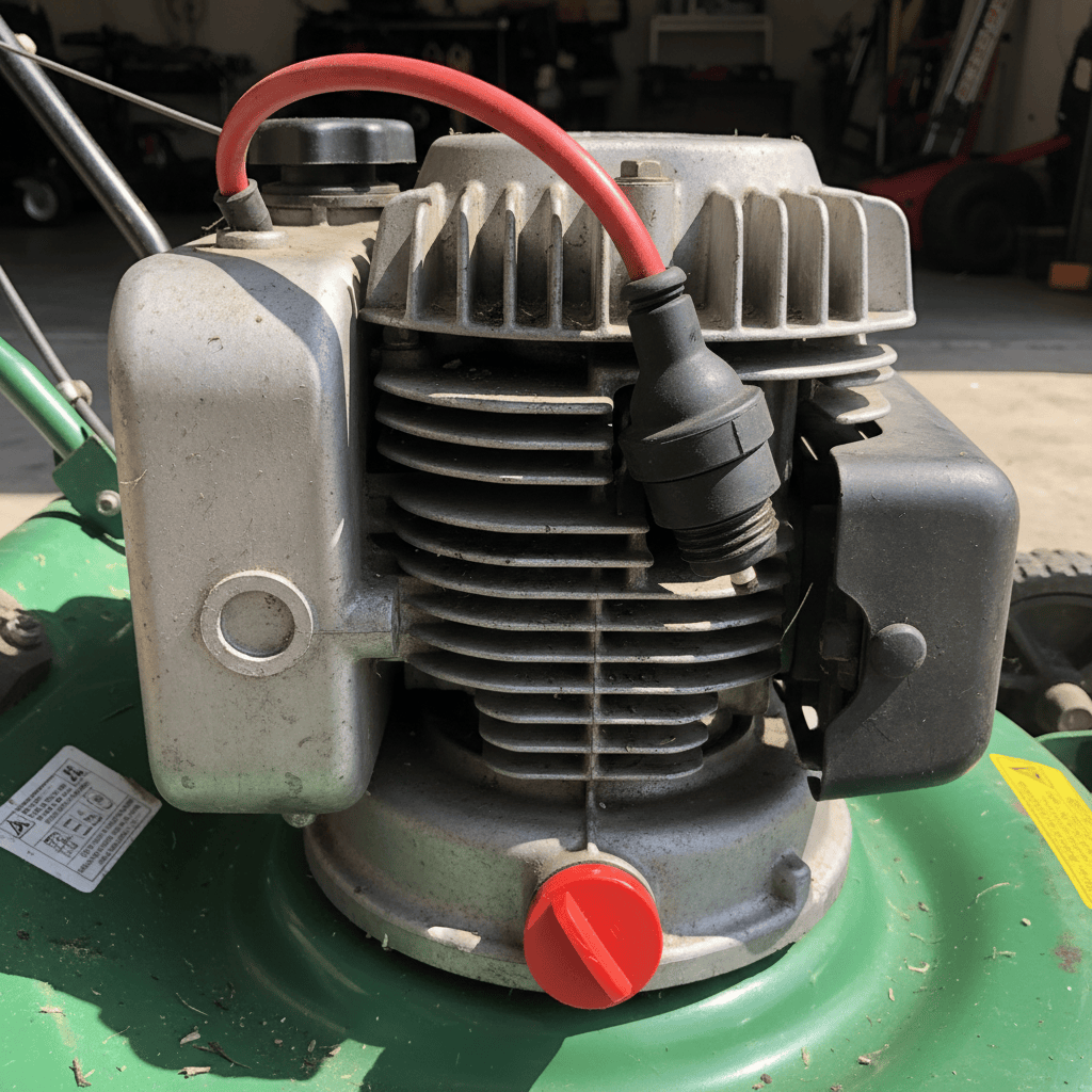 Push mower engine with spark plug visible on the side of the cylinder head