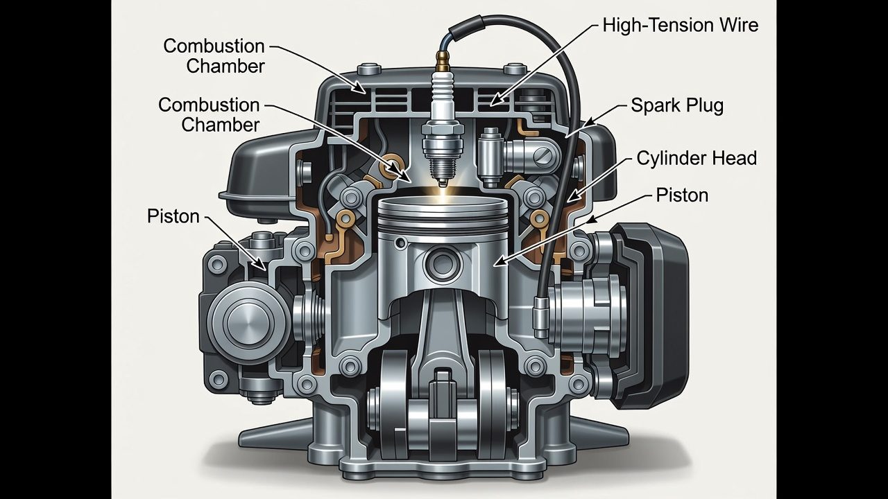 Where Is the Spark Plug Located? Engine cutaway showing spark plug position in cylinder head