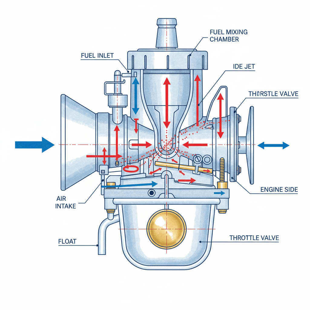 Cutaway diagram of carburetor showing internal fuel mixing and float mechanism