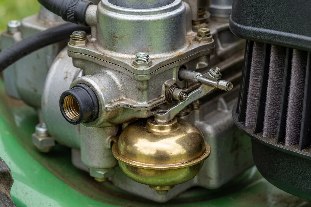 Where Is the Carburetor on a Craftsman Lawn Mower? Close-up of a lawn mower carburetor showing the float bowl, fuel inlet, and throttle linkage.