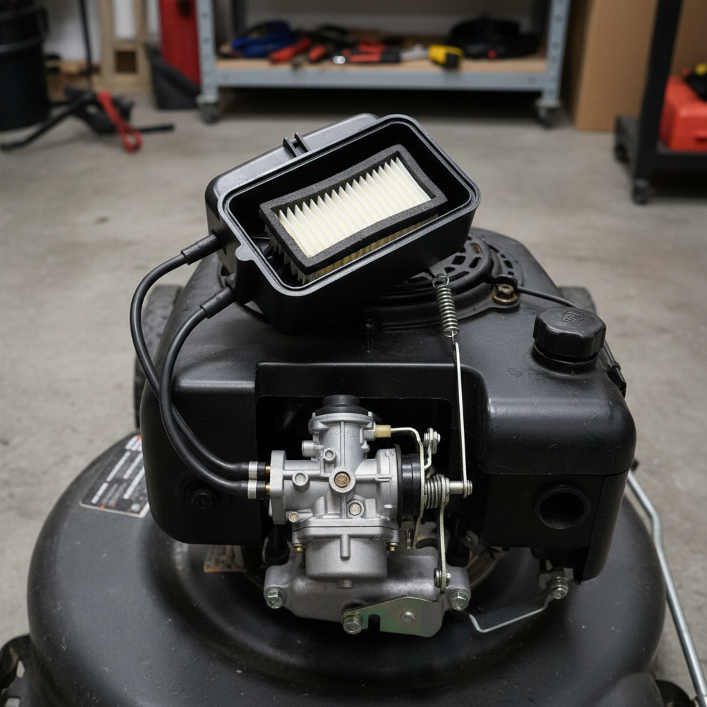 Overhead view of a push mower engine with the carburetor visible near the top beneath the air filter housing