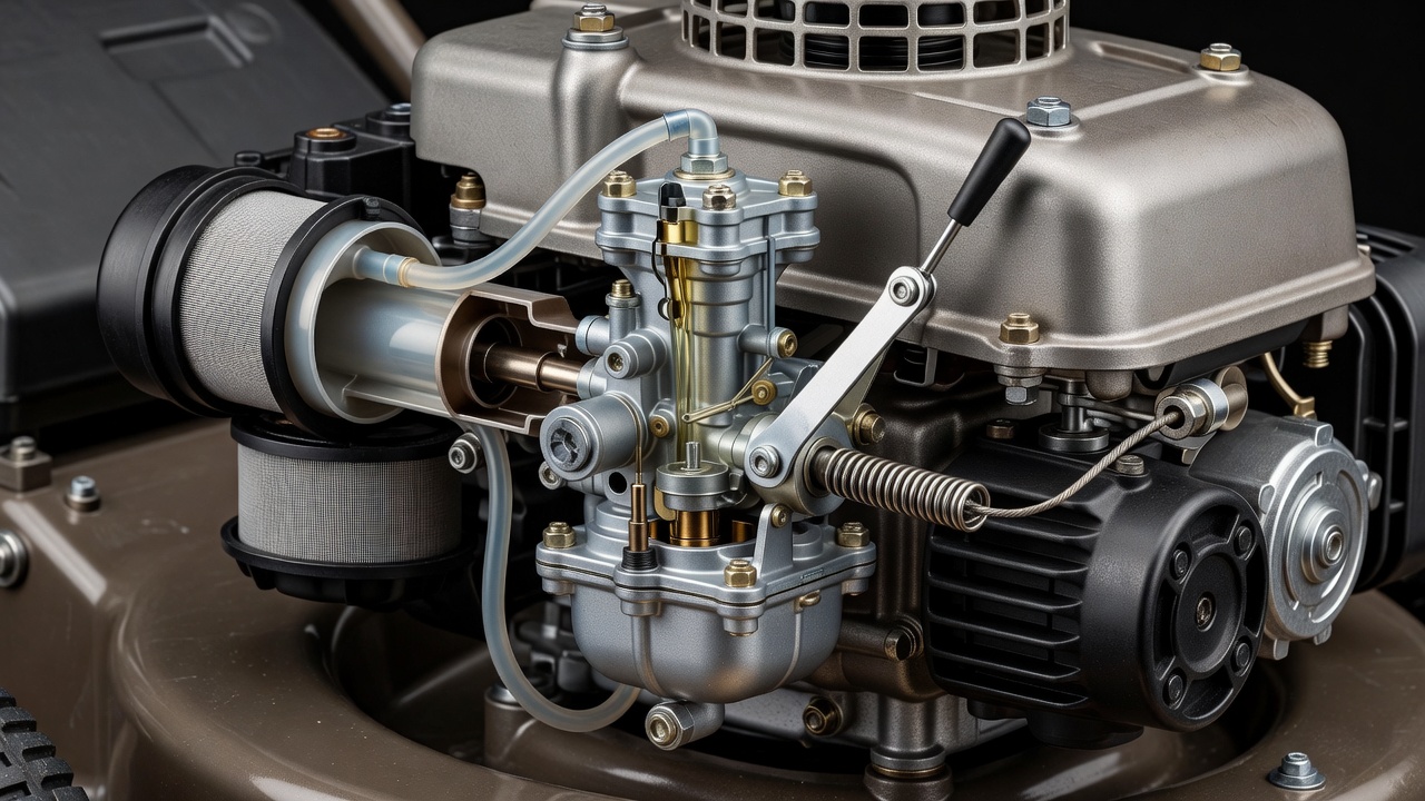 Detailed view of a lawn mower carburetor connected to the engine intake, showing fuel lines and air intake components that mix air and fuel for combustion.