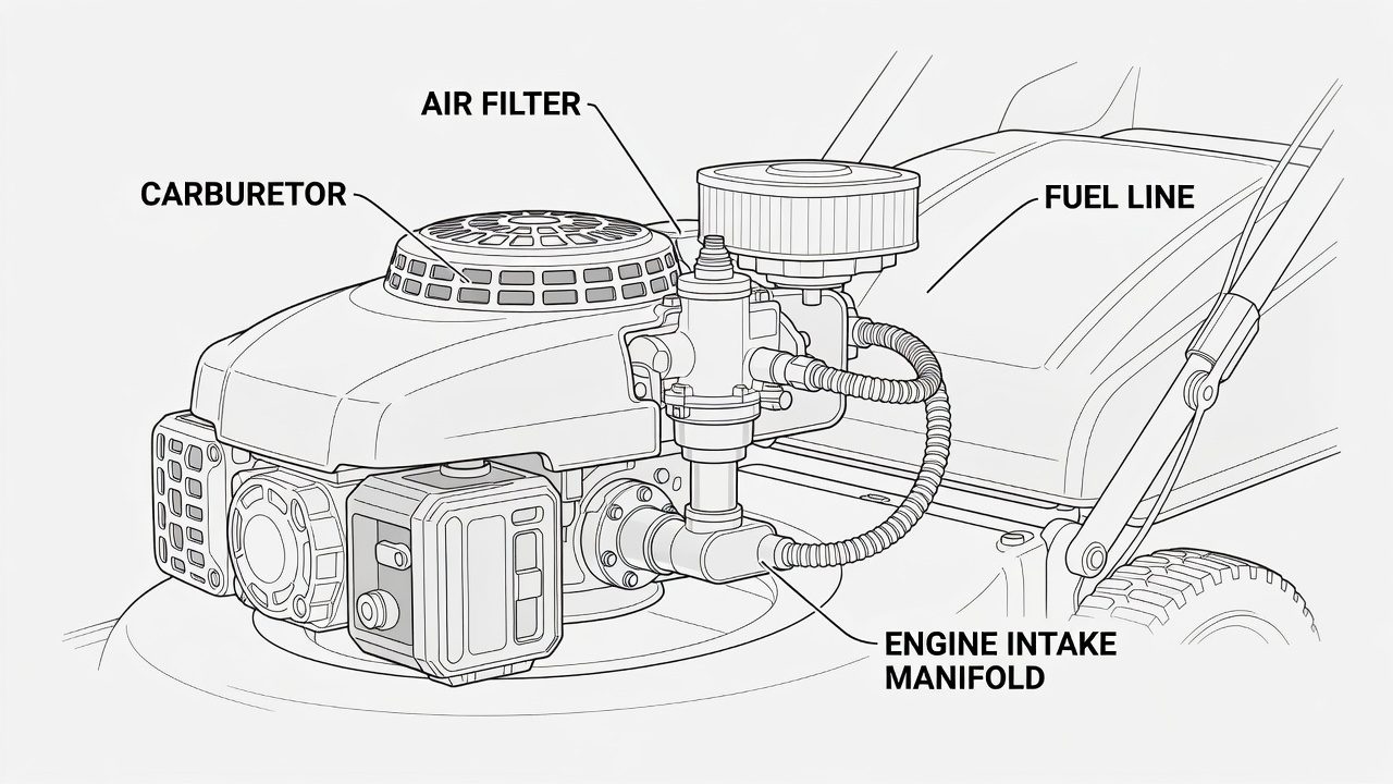 Diagram of push mower engine showing carburetor positioned between air filter and engine intake manifold