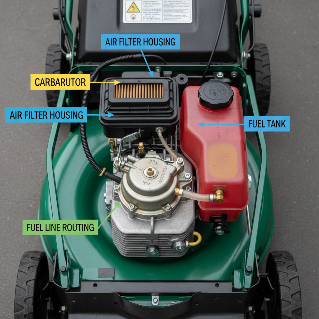 Carburetor Location on Push Mowers Push mower engine showing carburetor position relative to air filter and fuel tank