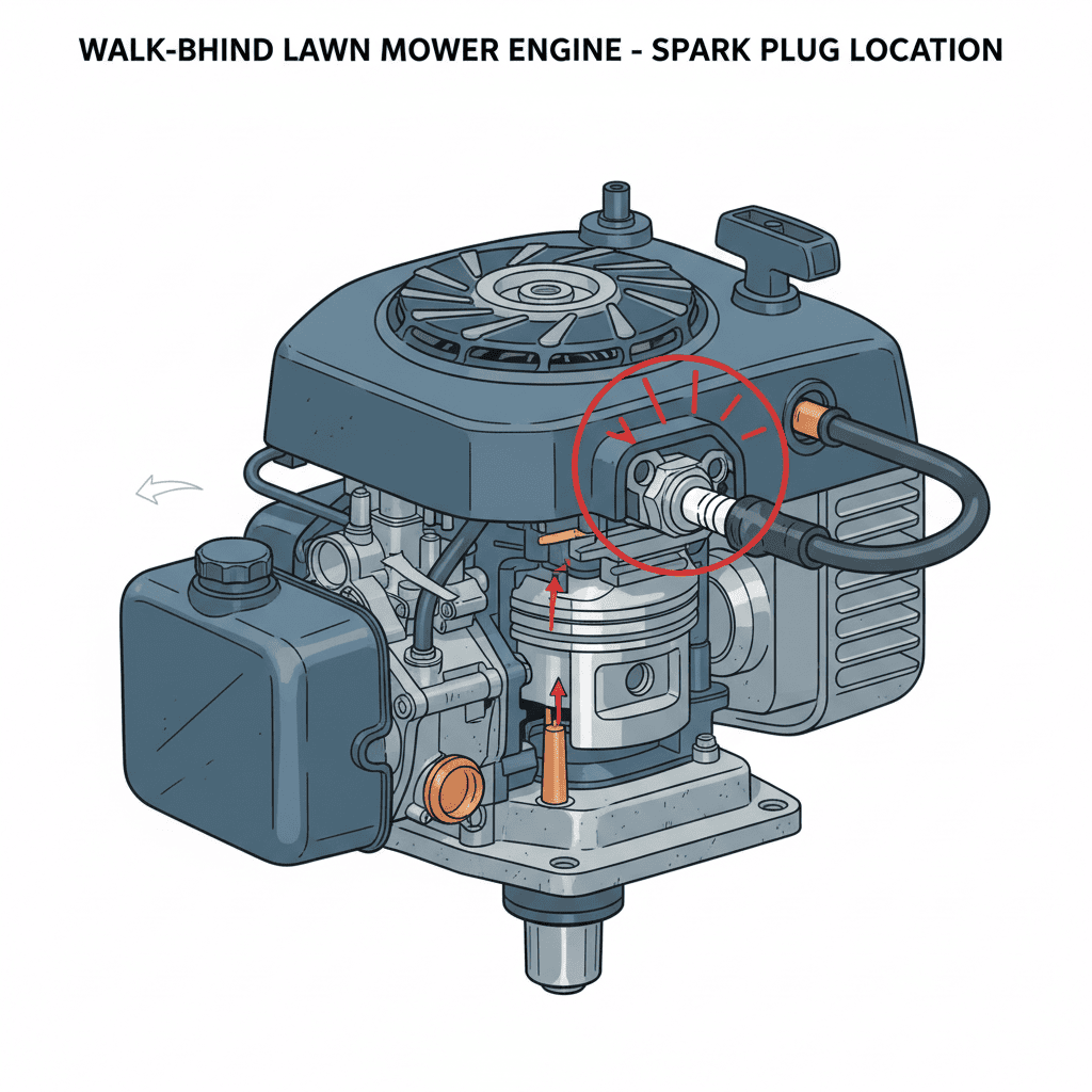Diagram showing spark plug location on walk-behind mower engine